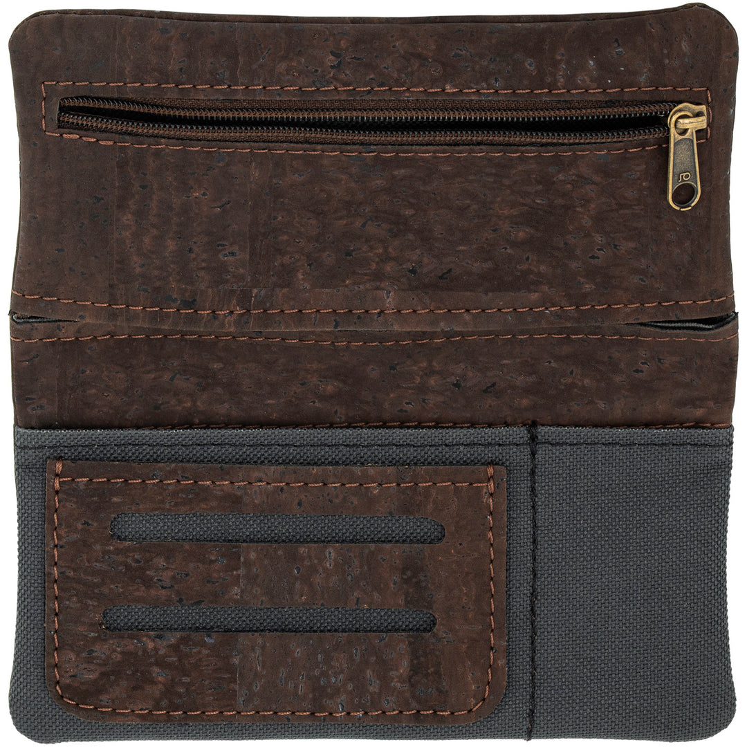 Innenansicht Tabaktasche aus braunem Kork und dunklem Stoff für Tabak, Filter, Paper und Feuerzeug