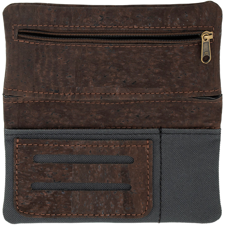 Innenansicht Tabaktasche aus braunem Kork und dunklem Stoff für Tabak, Filter, Paper und Feuerzeug