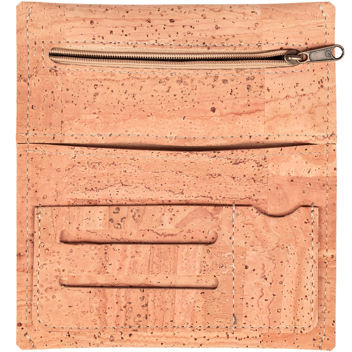 Frontansicht offener Tabaktasche aus hellem Kork mit Reißverschlussfach innen für Filter, Paperfach und Feuerzeugfach #color_beige