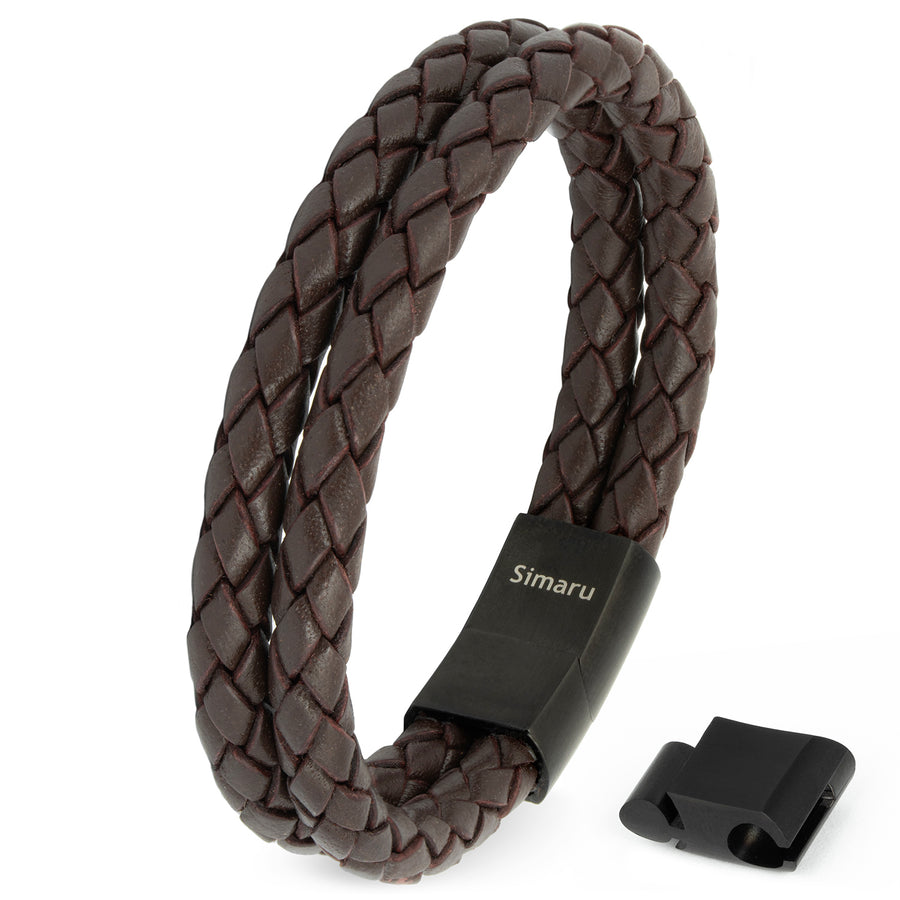 Geflochtenes Lederarmband in dunkelbraun mit schwarzem Magnetverschluss und Extraglied zum Verlängern