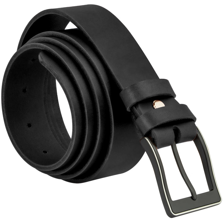 Aufgerollter, schwarzer Ledergürtel mit dunkler Schnalle #color_schwarz
