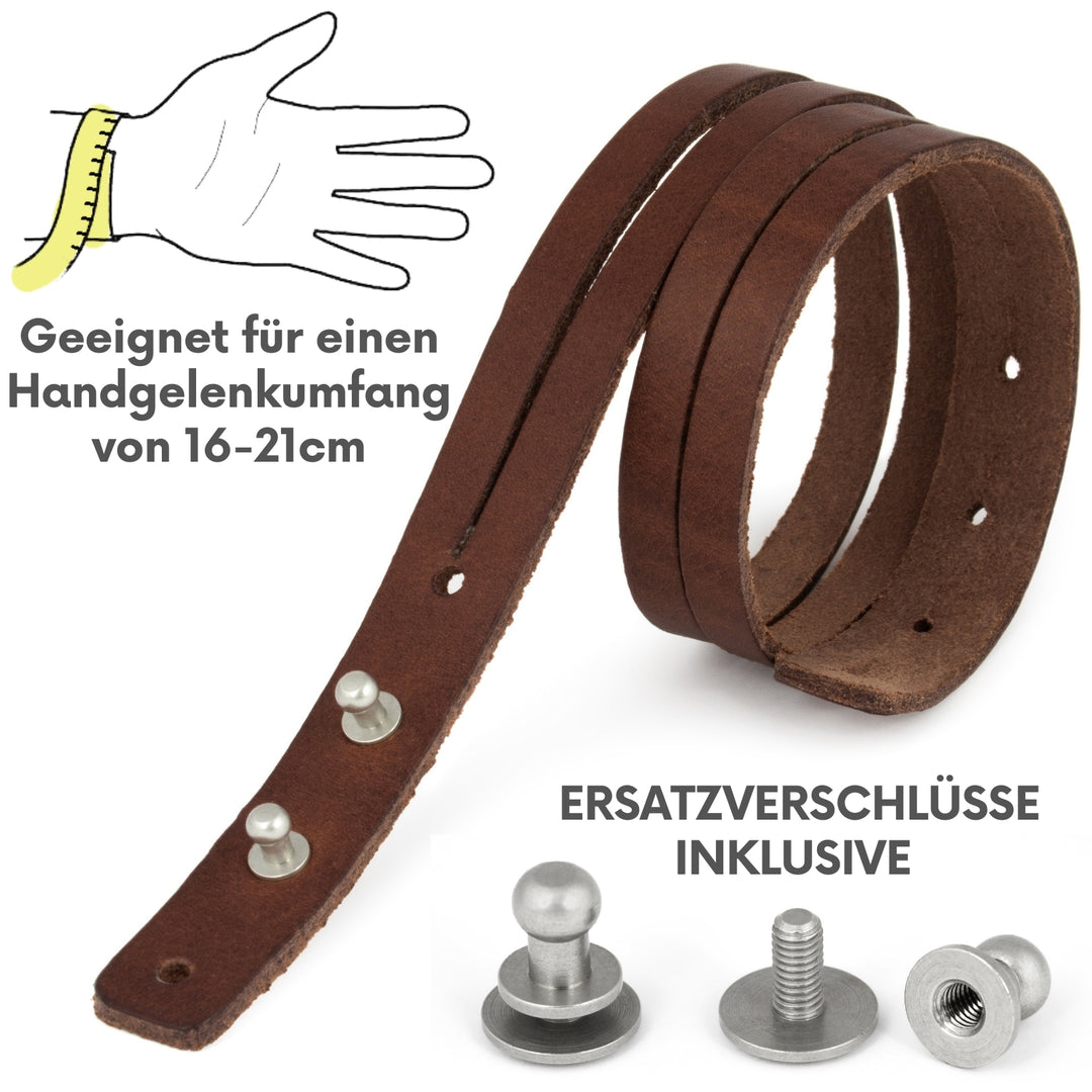 Braunes Lederarmband mit Ersatzverschluss und Größenangabe#color_braun