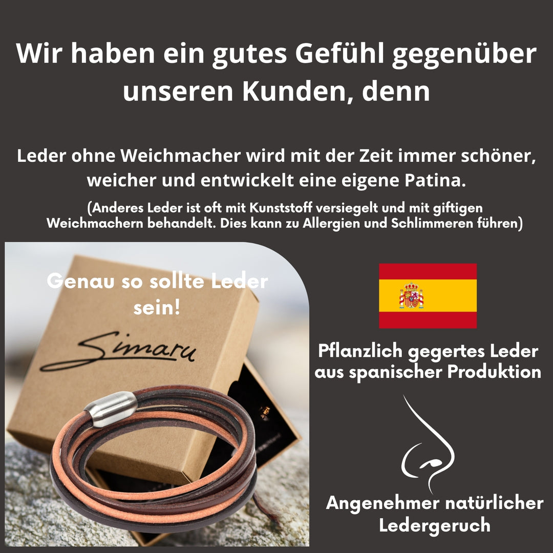 Braunes Lederarmband mit Magnetverschluss und Infos zum Leder von Simaru