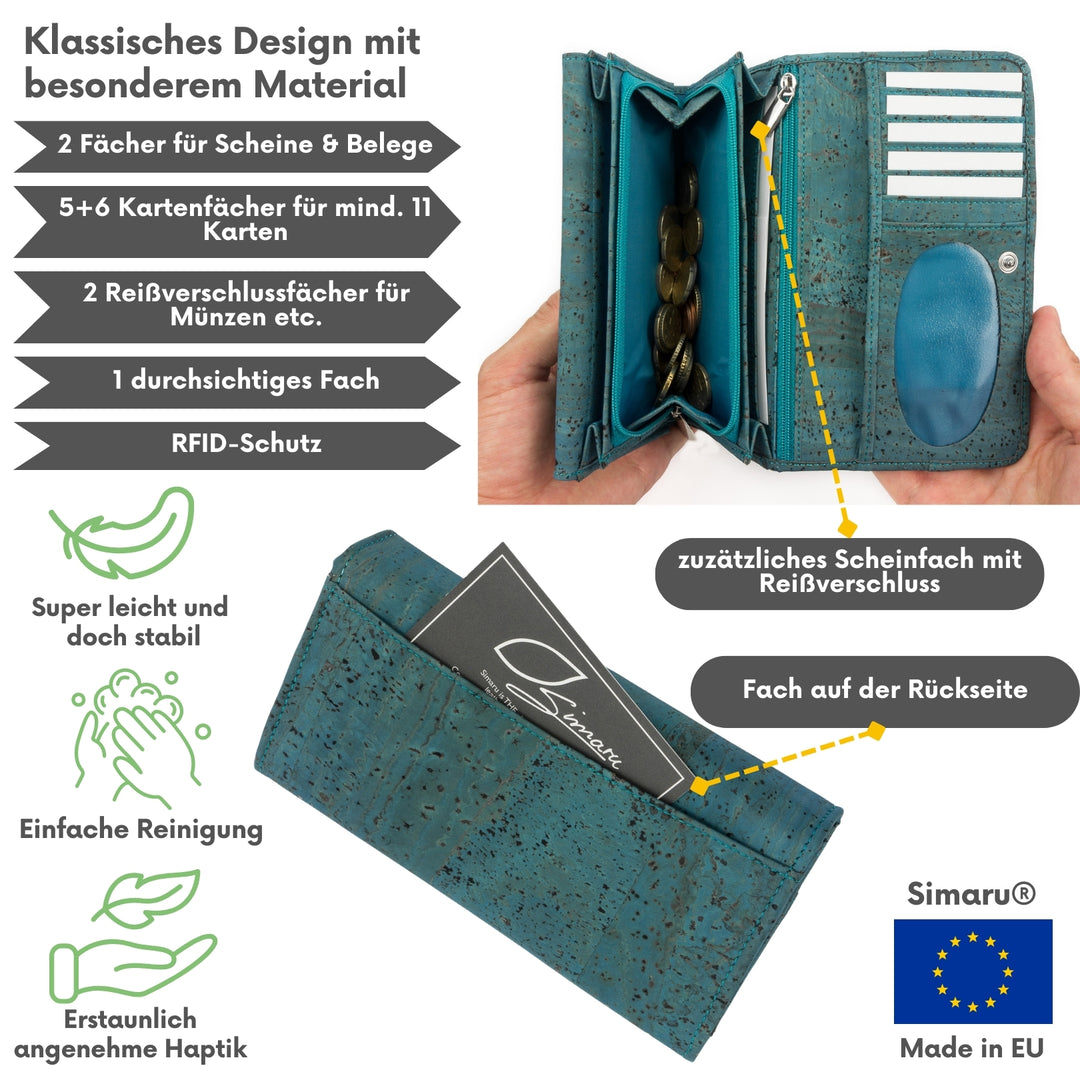 Innen- und Rückansicht eines großen Damen Geldbeutels aus Kork, Farbe Türkis, Made in EU