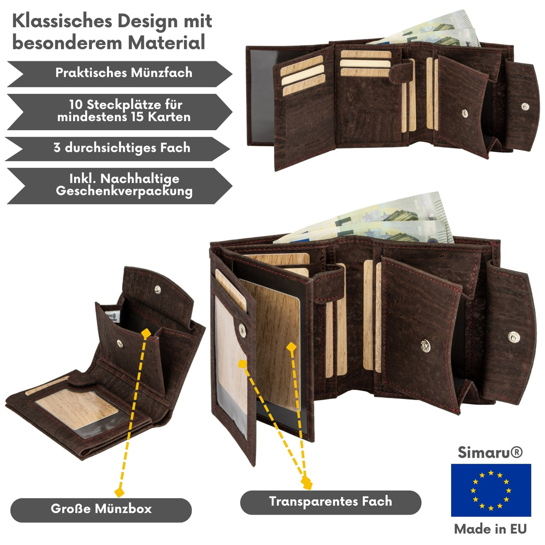 Collage mit Infos zu dunkler Kork Geldbörse für Herren Made in EU #color_braun