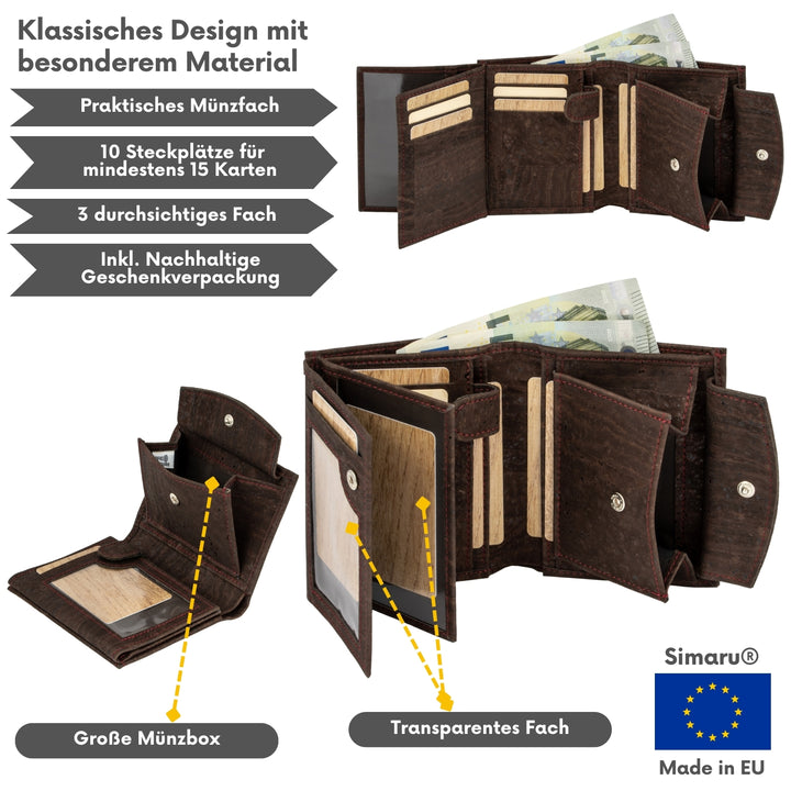 Collage mit Infos zu dunkler Kork Geldbörse für Herren Made in EU #color_braun