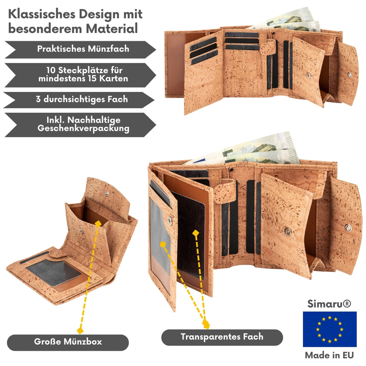 Collage mit Infos zu hellem Kork Geldbeutel für Herren Made in EU #color_worldmap