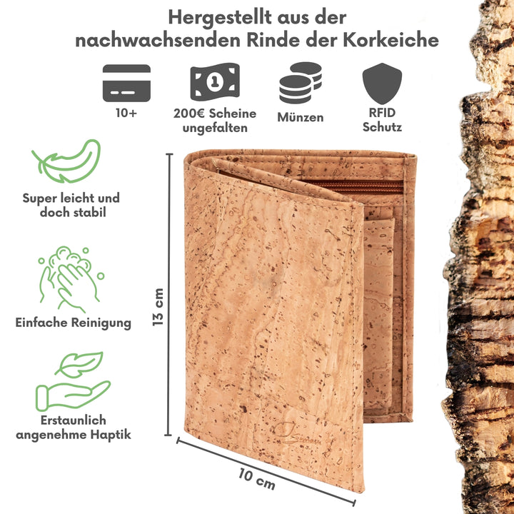 Leicht aufgeklappter Herrengeldbeutel im Hochformat aus hellem Kork mit Größenangaben #color_worldmap
