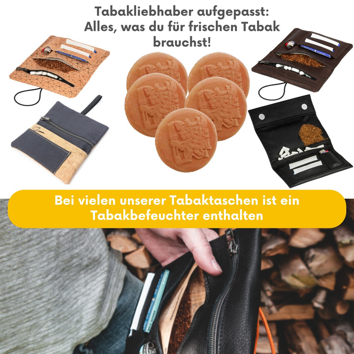 Bild mit Tabaktaschen und Tabakbefeuchtern aus Terrakottastein