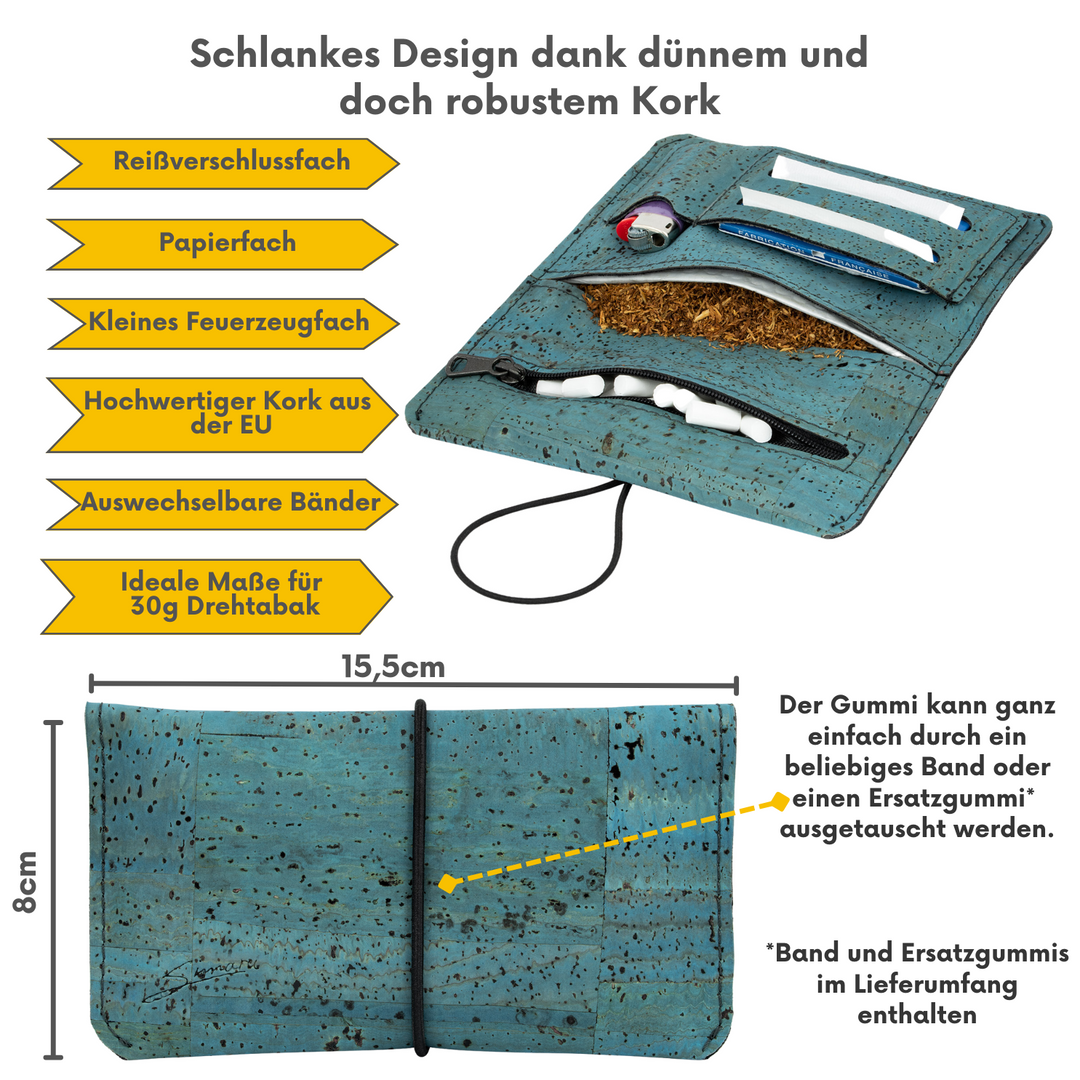 Innen- und Außenansicht einer Kork Tabaktasche in der Farbe türkis mit Infos zu Material, Fächern und Größe in Zentimetern #color_tuerkis