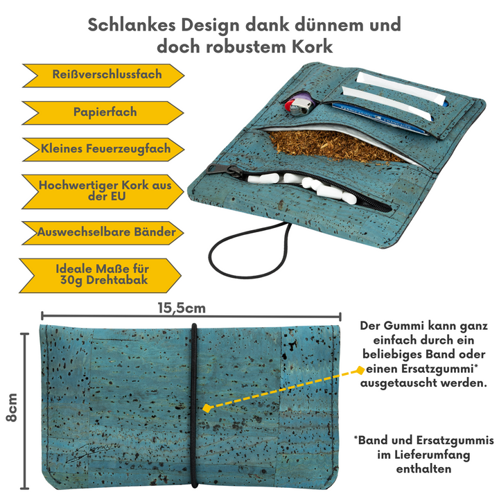 Innen- und Außenansicht einer Kork Tabaktasche in der Farbe türkis mit Infos zu Material, Fächern und Größe in Zentimetern #color_tuerkis