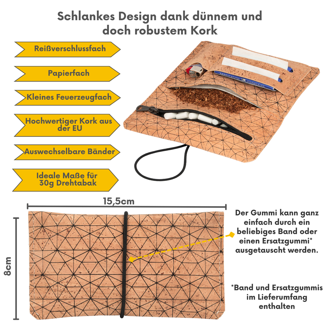 Innen- und Außenansicht einer Kork Tabaktasche in der Farbe beige mit schwarzem Linienmuster mit Infos zu Material, Fächern und Größe in Zentimetern #color_metrisch