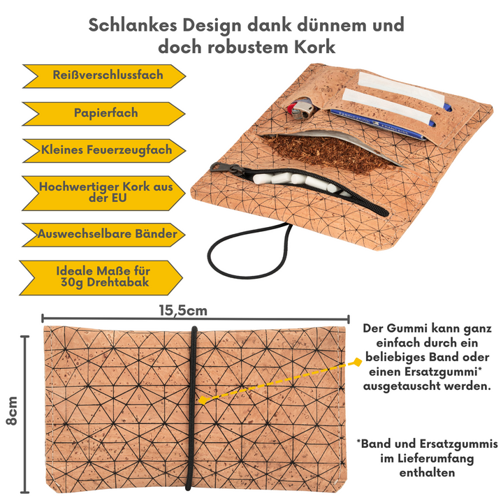 Innen- und Außenansicht einer Kork Tabaktasche in der Farbe beige mit schwarzem Linienmuster mit Infos zu Material, Fächern und Größe in Zentimetern #color_metrisch