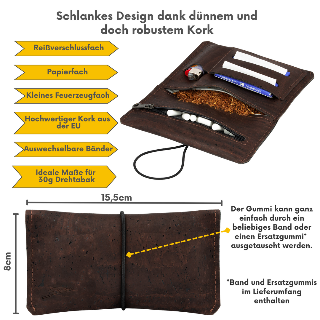 Innen- und Außenansicht einer Kork Tabaktasche in der Farbe braun mit Infos zu Material, Fächern und Größe in Zentimetern #color_braun