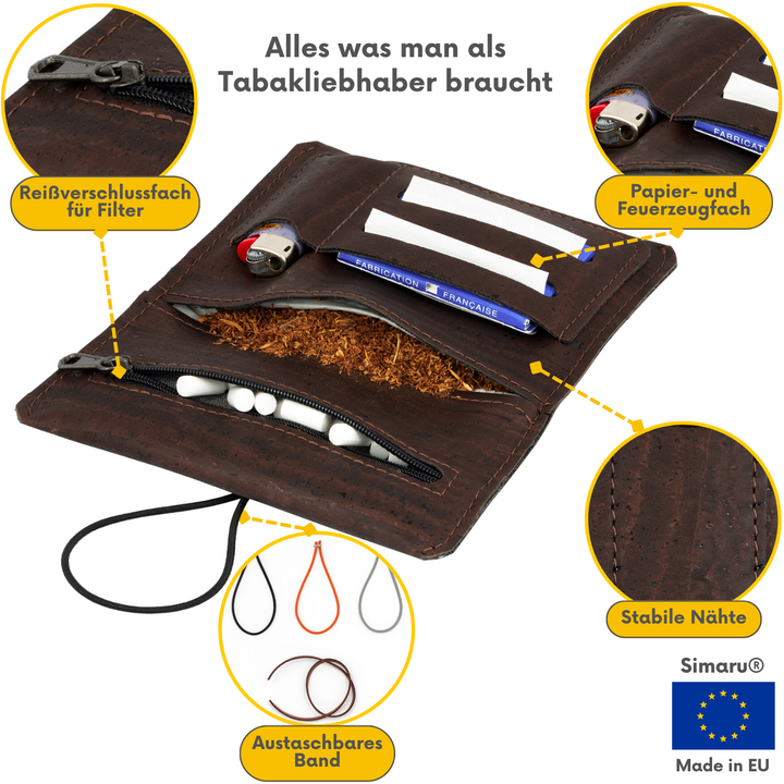Offene Tabaktasche aus dunkelbraunem Kork mit Fächern für Tabak, Filter, Paper und Feuerzeug #color_braun