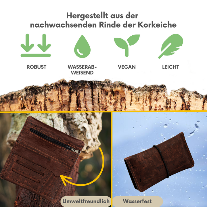 Collage zu wasserfester Tabaktasche aus Kork in der Farbe braun mit Infos zum Material Kork #color_braun