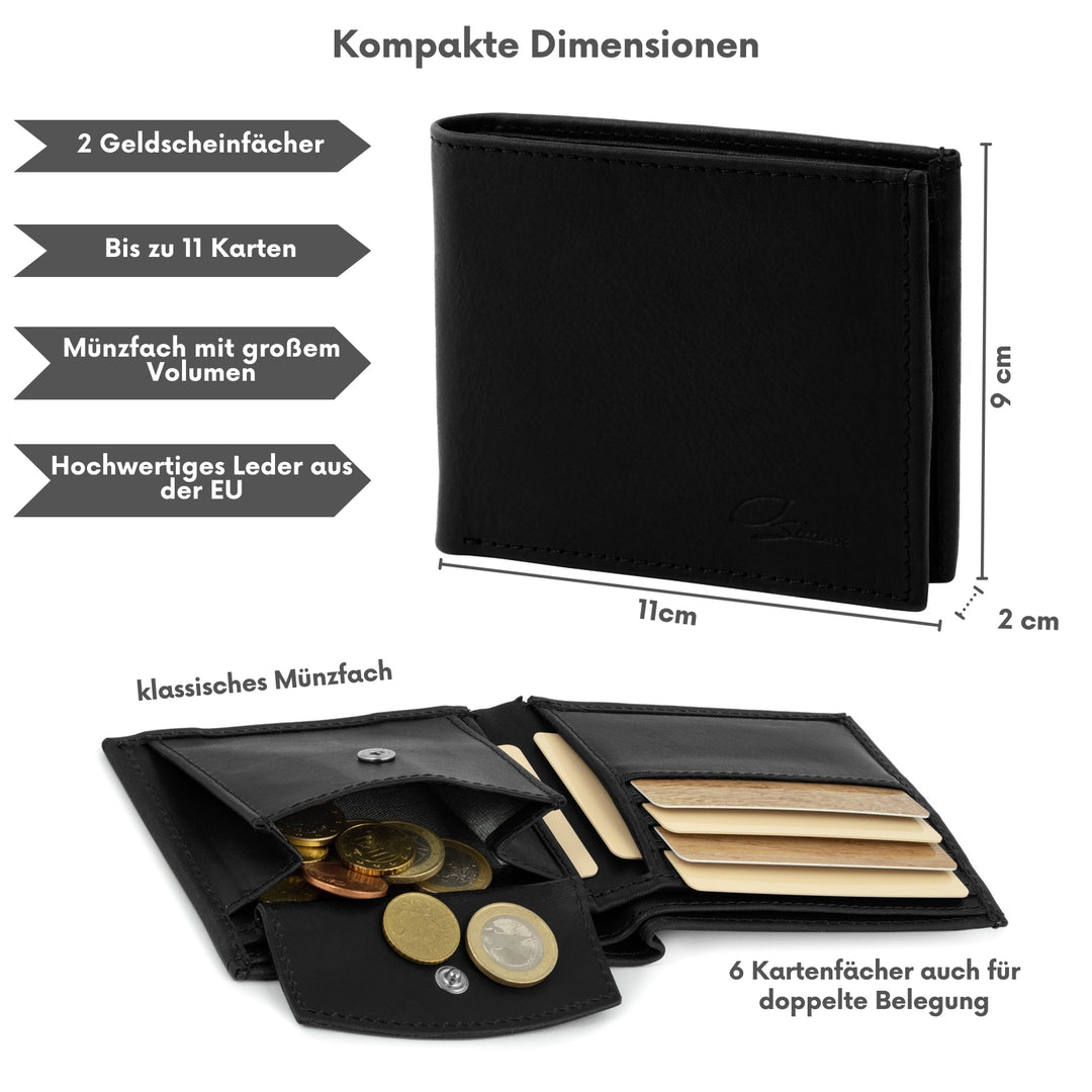 Schwarzer Ledergeldbeutel geschlossen mit Abmessungen und geöffnet mit Inhalt #color_schwarz