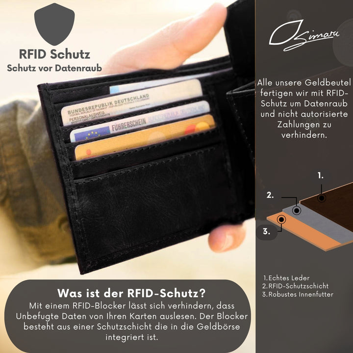Aufgeklappter, schwarzer Ledergeldbeutel mit RFID-Schutz in Männerhand #color_schwarz