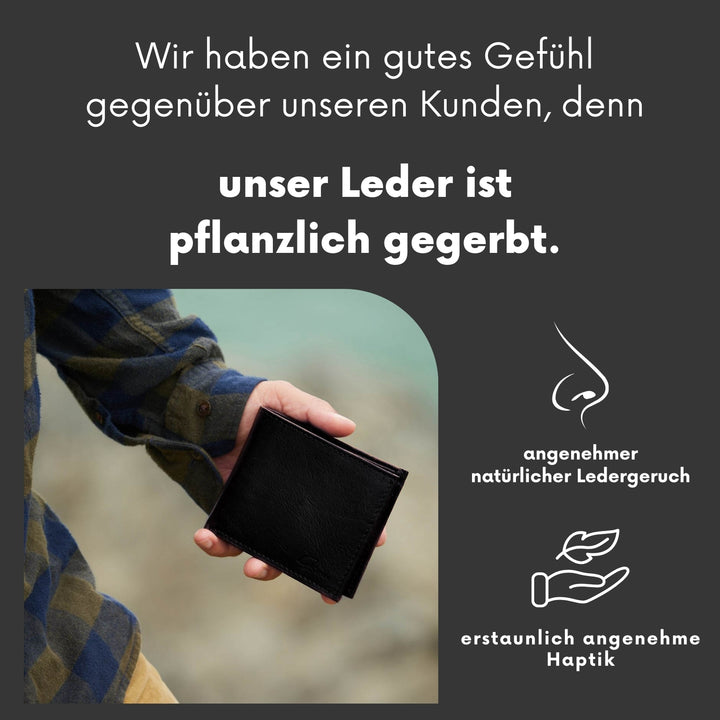 Geschlossener, schwarzer Geldbeutel aus pflanzlich gegerbtem Leder in Männerhand #color_schwarz