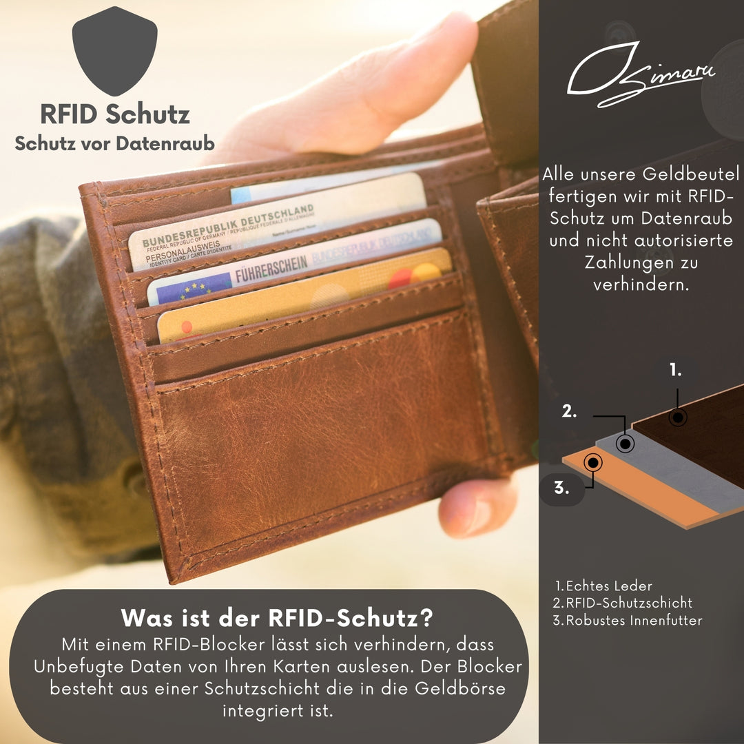 Aufgeklappter, brauner Ledergeldbeutel mit RFID-Schutz in Männerhand #color_braun