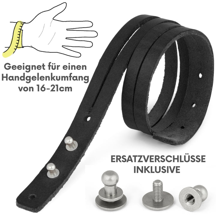 Schwarzes Lederarmband mit Ersatzverschluss und Größenangabe