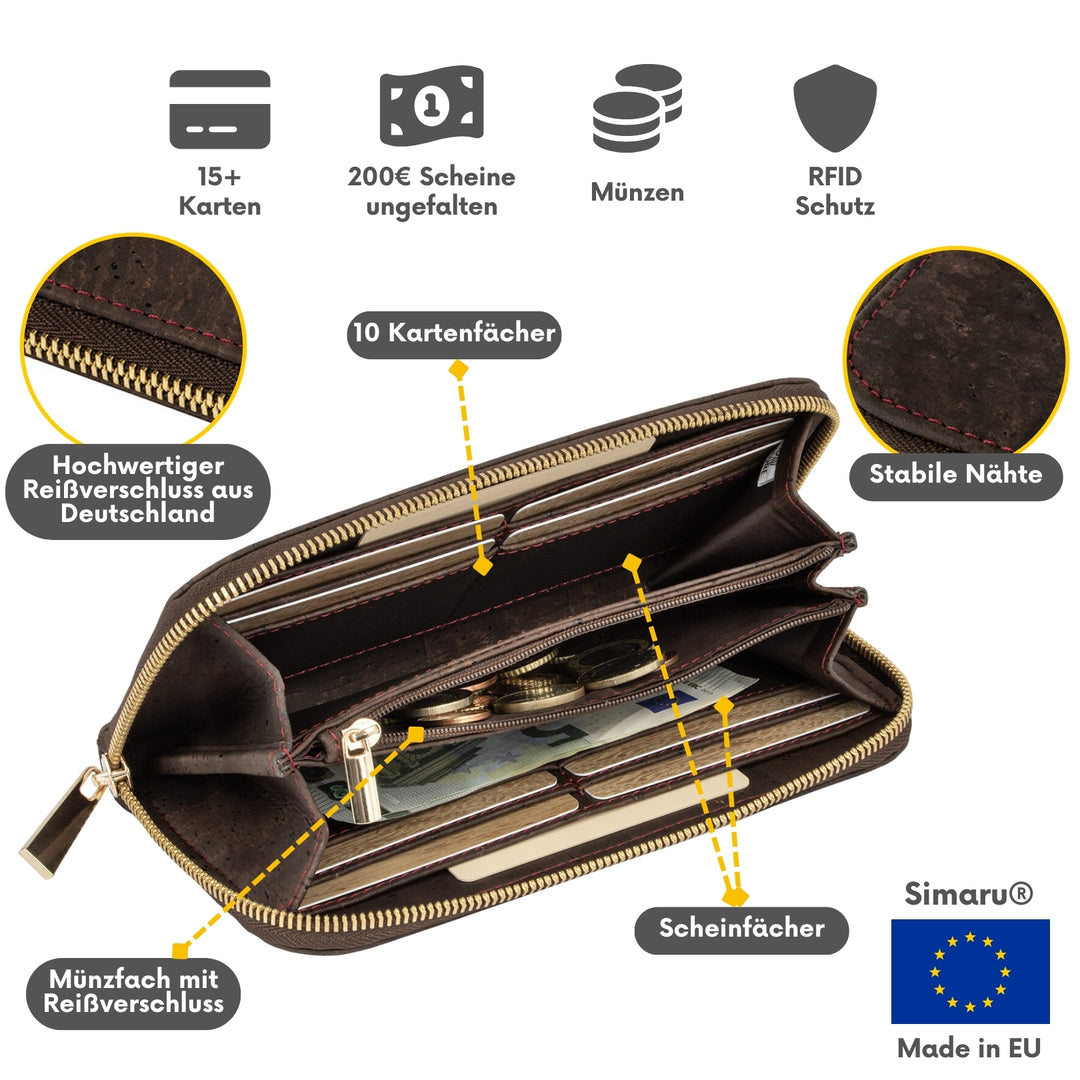 Innenansicht der Fächer einer großen, braunen Damengeldbörse aus Kork mit Rundum-Reißverschluss #color_braun