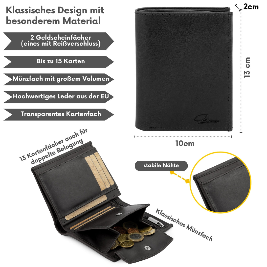 Schwarzer Ledergeldbeutel geschlossen mit Abmessungen und geöffnet mit Inhalt #color_schwarz