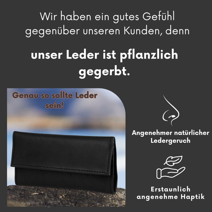 Schwarze Tabaktasche aus Leder mit Infos zum Leder