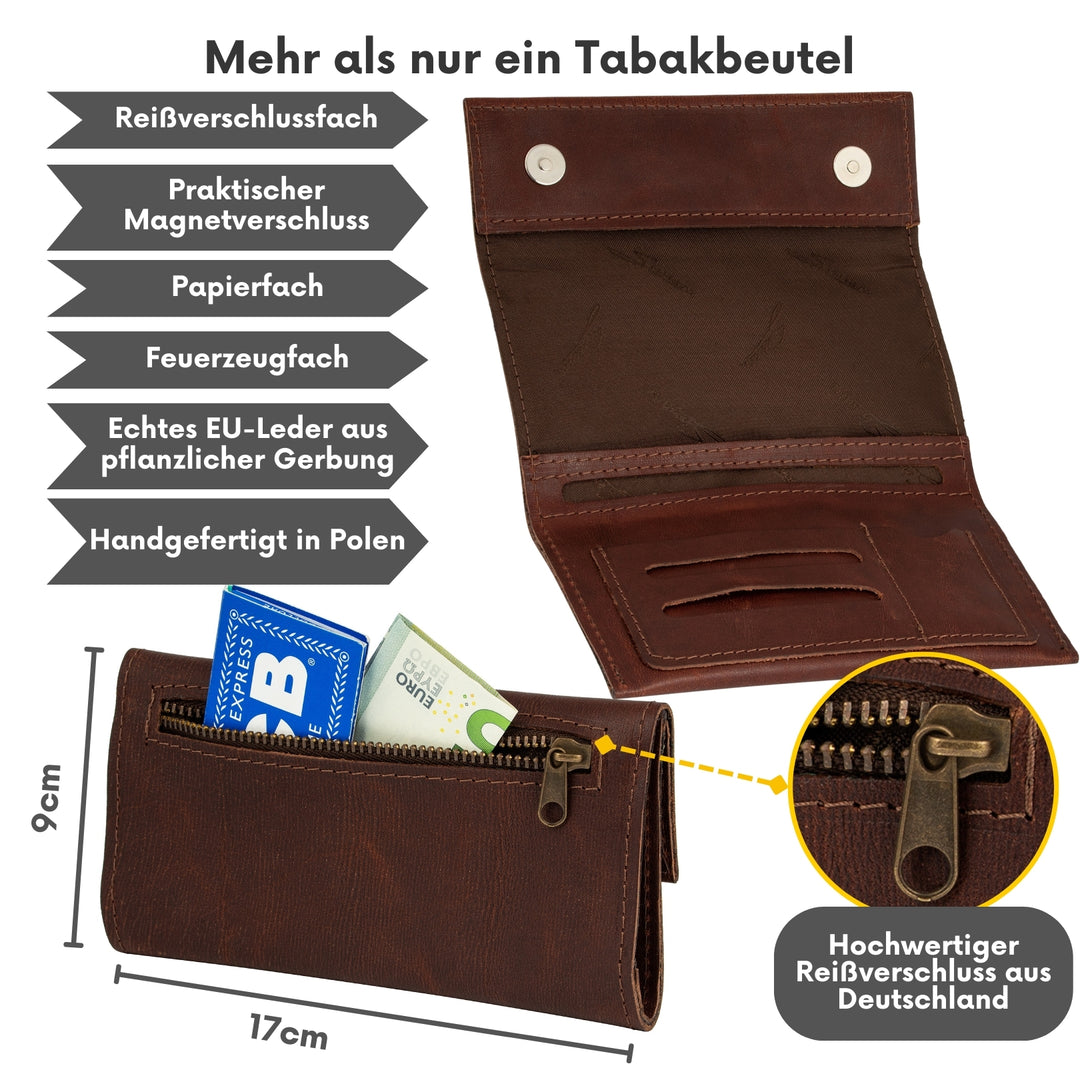 Braune Tabaktasche aus Leder mit Reißverschlussfach außen für Zubehör oder Geld#color_cognac