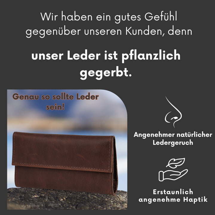 Dunkelbraune Tabaktasche aus Leder mit Infos zum Leder