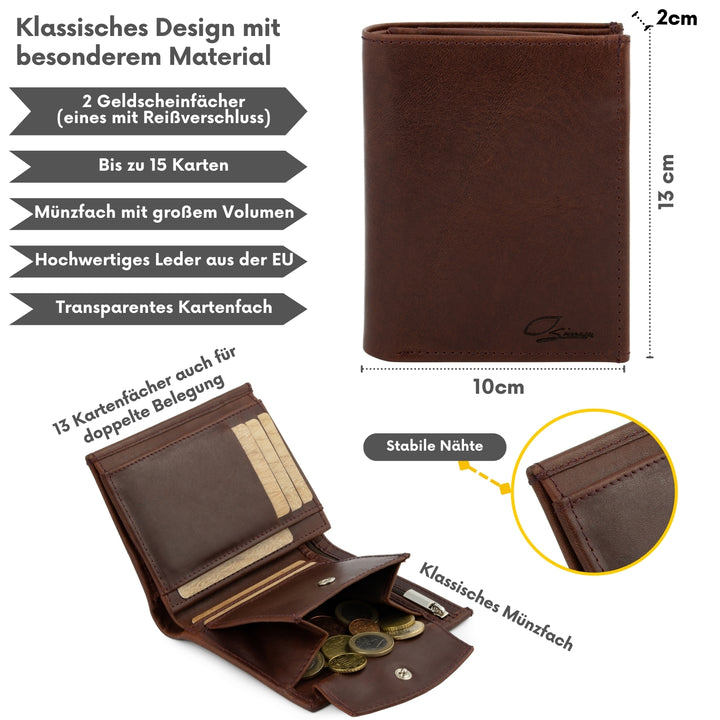 Brauner Ledergeldbeutel geschlossen mit Abmessungen und geöffnet mit Inhalt #color_braun