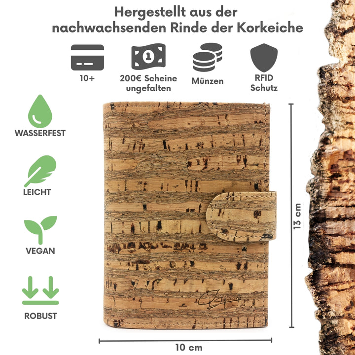 Außenansicht stehender Kork Geldbeutel mit Größenangabe in Zentimetern (13x10) #color_raizes