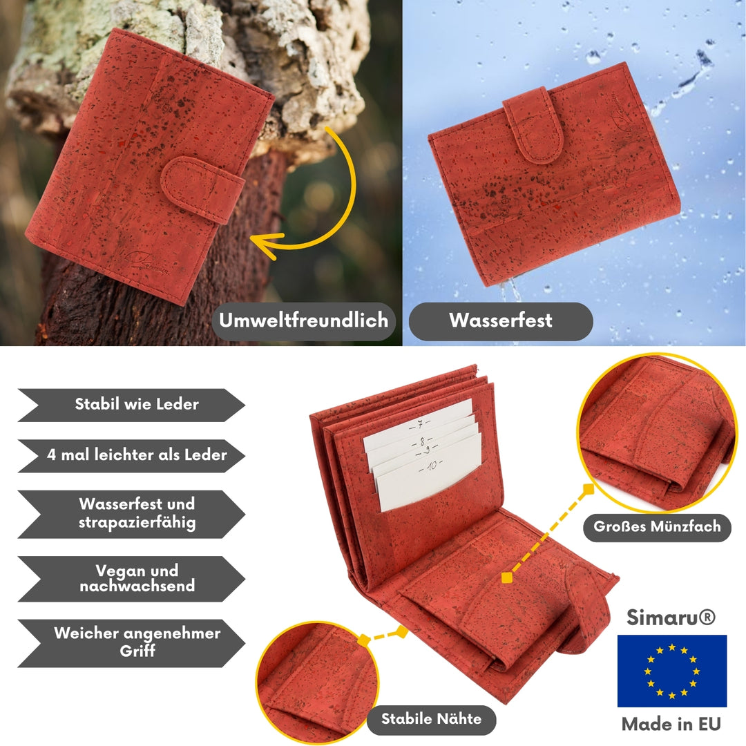 Collage zu wasserfester Kork Geldbörse inklusive Infos zum Material Kork #color_rot