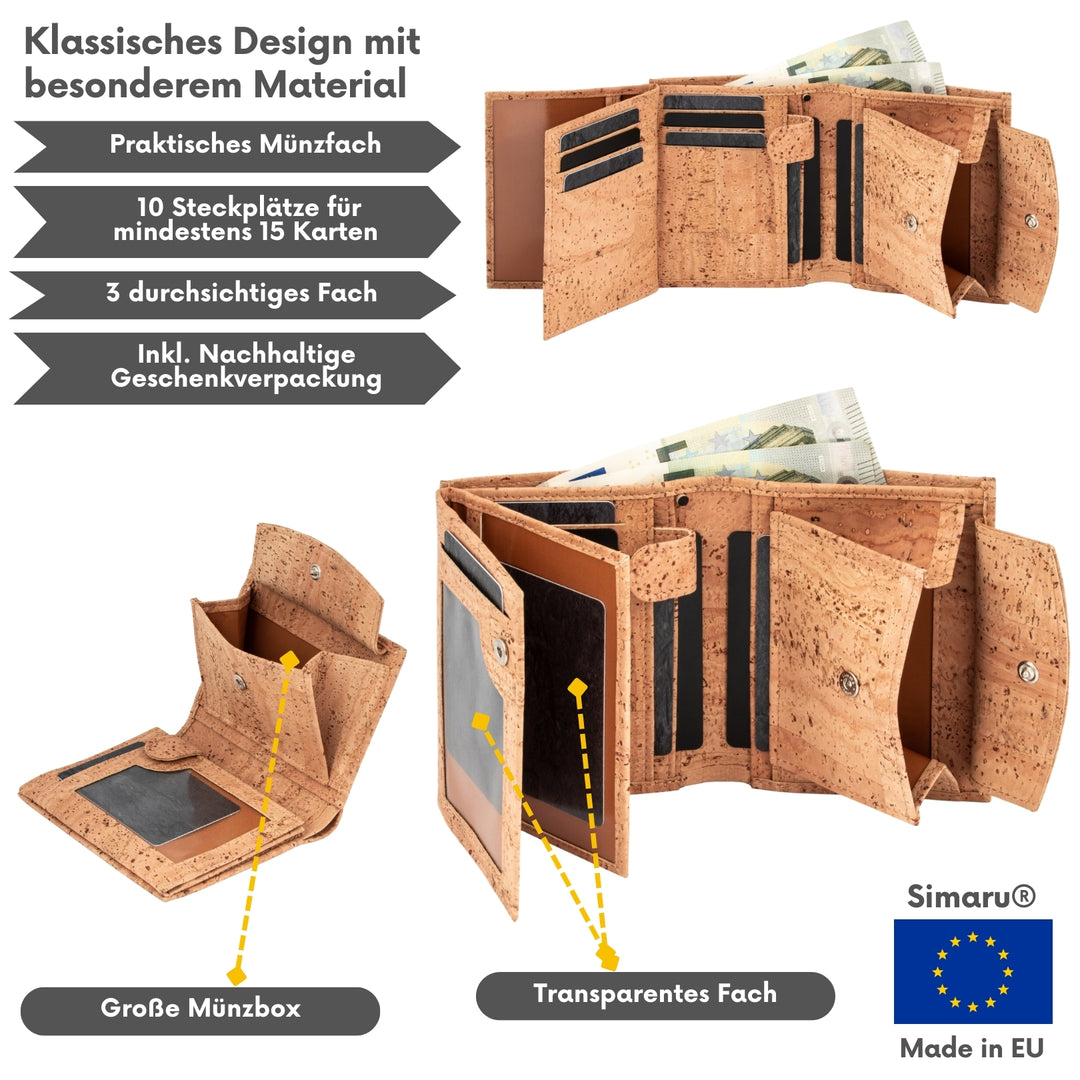 Collage mit Infos zu hellem Kork Geldbeutel für Herren Made in EU #color_beige