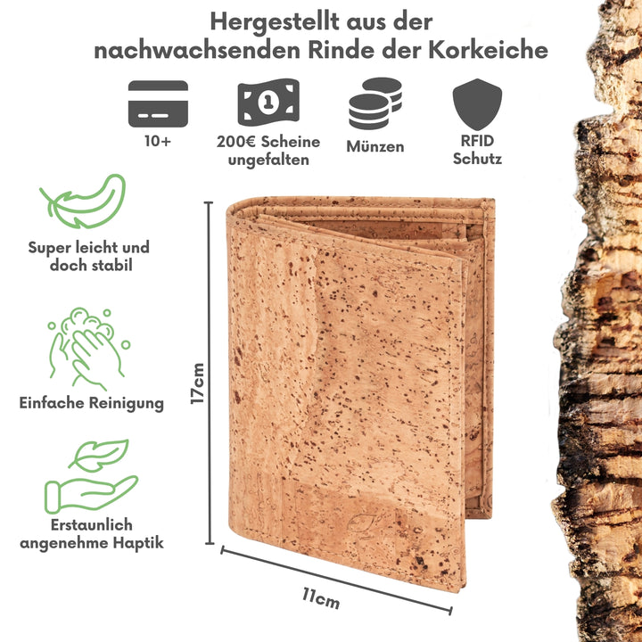 Leicht aufgeklappter Herrengeldbeutel im Hochformat aus hellem Kork mit Größenangaben #color_beige