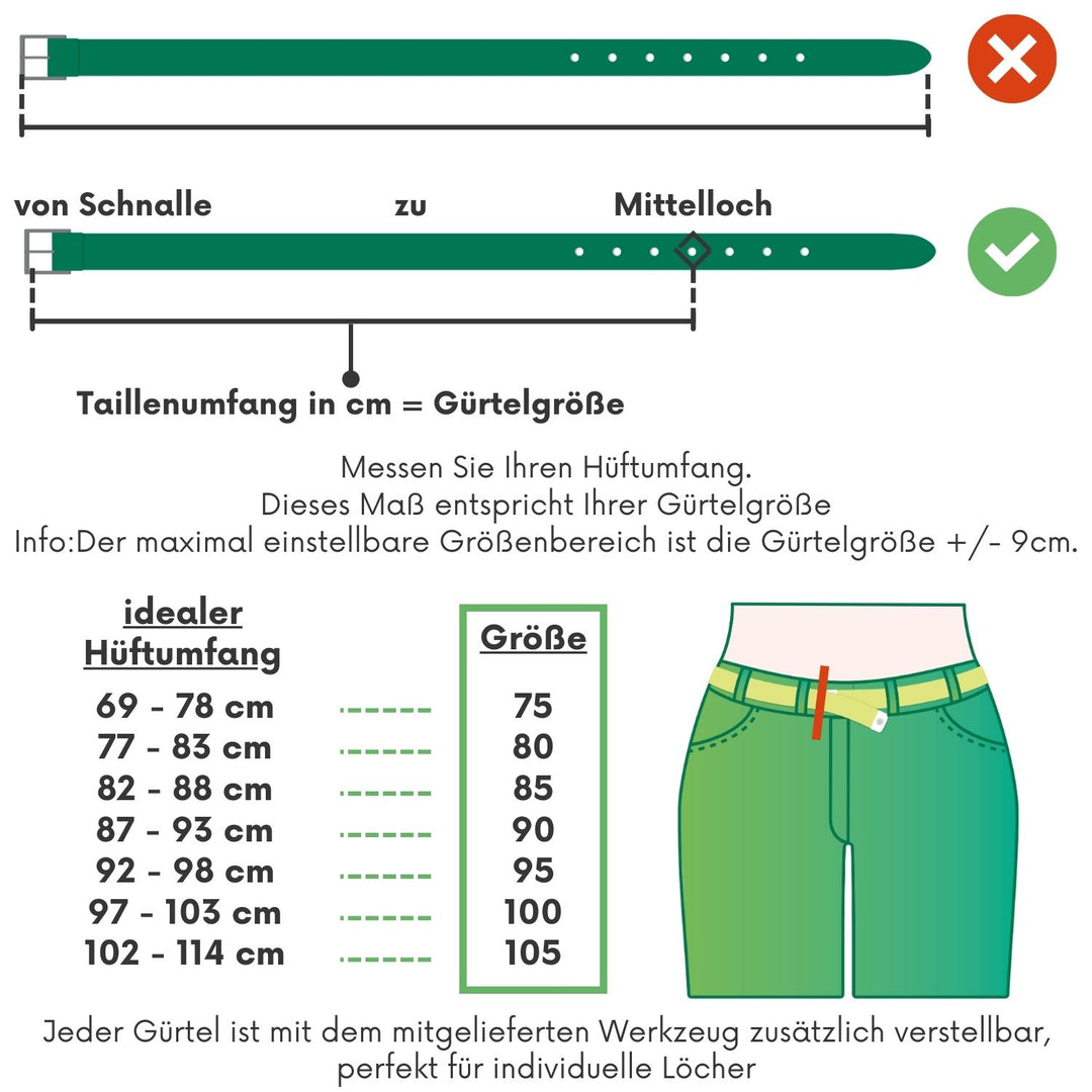 Grafik zur Bestimmung der richtigen Gürtellänge in Zentimeter mit dazugehörigen Größenangaben #color_braun-used