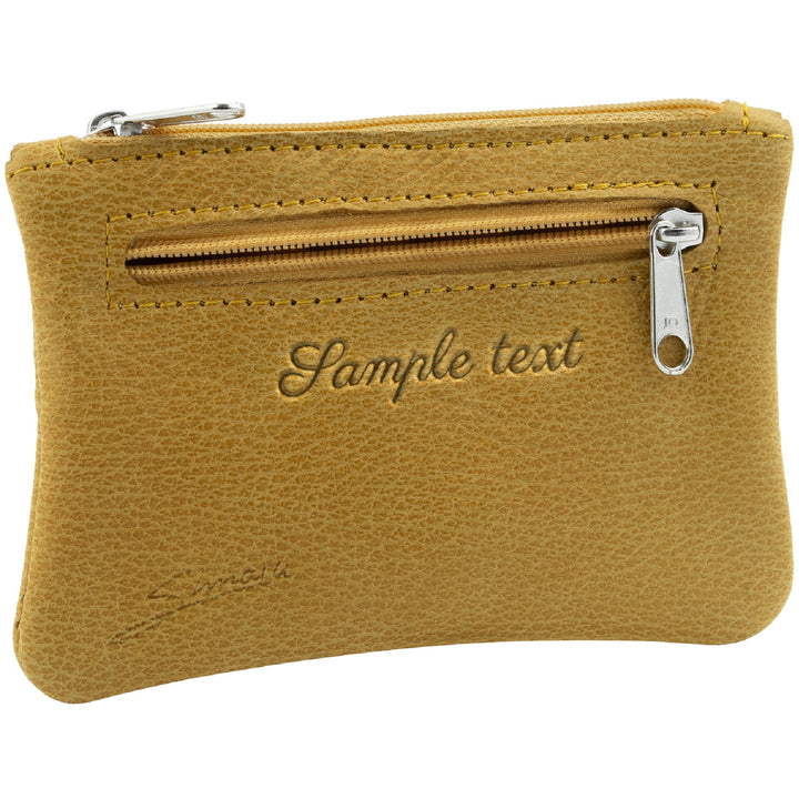 Gelbe Schlüsseltasche aus Leder mit Gravur und Reißverschlussfach seitlich #color_amber