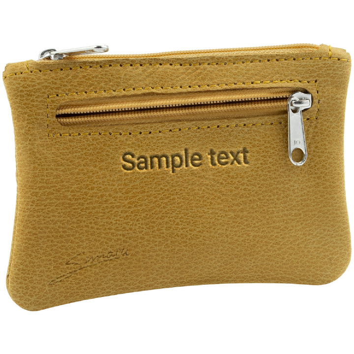 Gelbe Schlüsseltasche aus Leder mit Gravur und Reißverschlussfach seitlich #color_amber