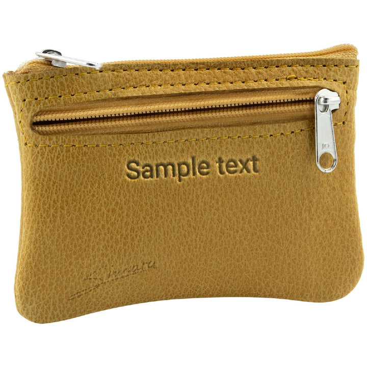 Gelbe Schlüsseltasche aus Leder mit Gravur und Reißverschlussfach seitlich #color_amber