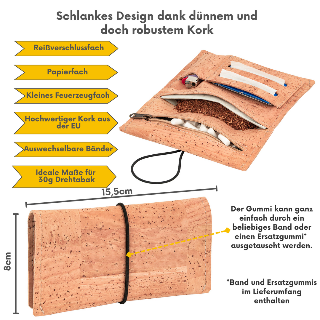 Innen- und Außenansicht einer Kork Tabaktasche in der Farbe beige mit Infos zu Material, Fächern und Größe in Zentimetern #color_beige