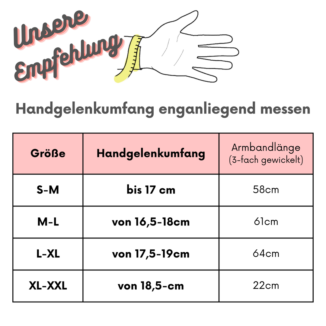 Tabelle und Erklärung zu Armbandgrößen in Zentimetern für dreifach ums Handgelenk gewickelte Armbänder