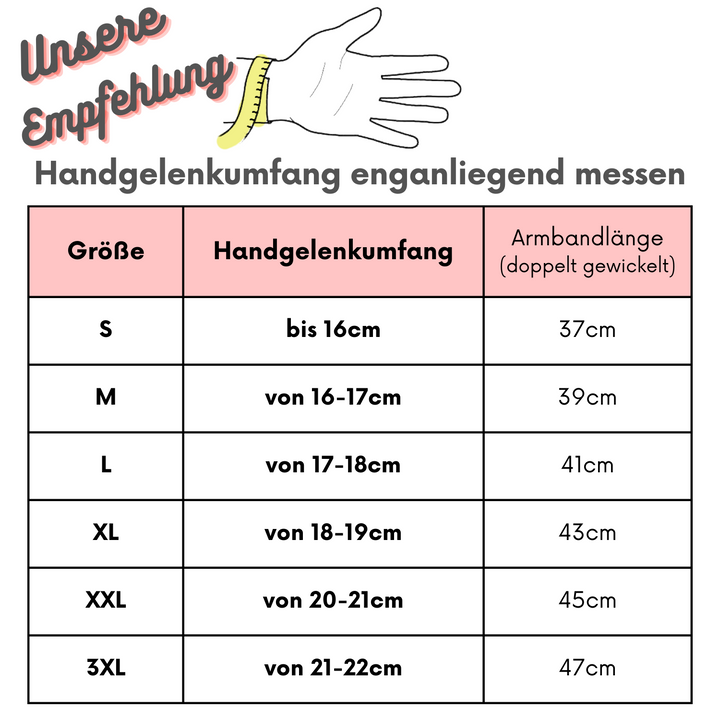 Tabelle und Erklärung zu Armbandgrößen in Zentimetern für doppelt ums Handgelenk gewickelte Armbänder