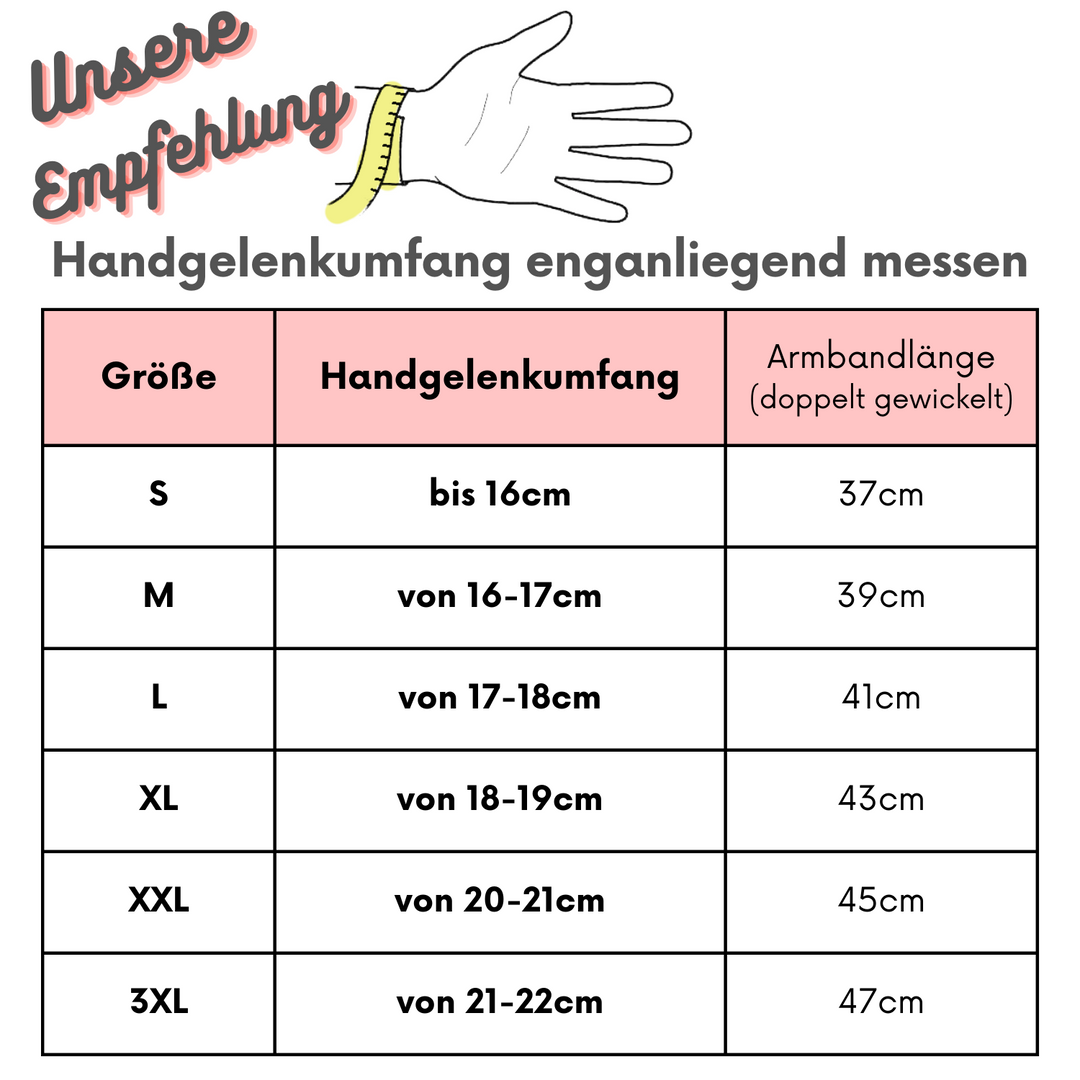 Tabelle und Erklärung zu Armbandgrößen in Zentimetern für doppelt ums Handgelenk gewickelte Armbänder