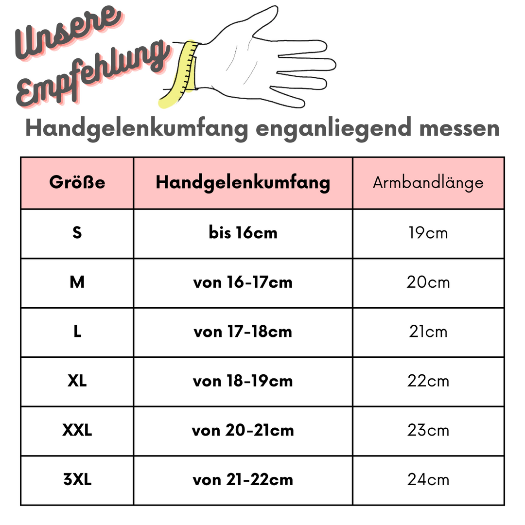 Tabelle und Erklärung zu Armbandgrößen in Zentimetern für einfach ums Handgelenk anliegende Armbänder