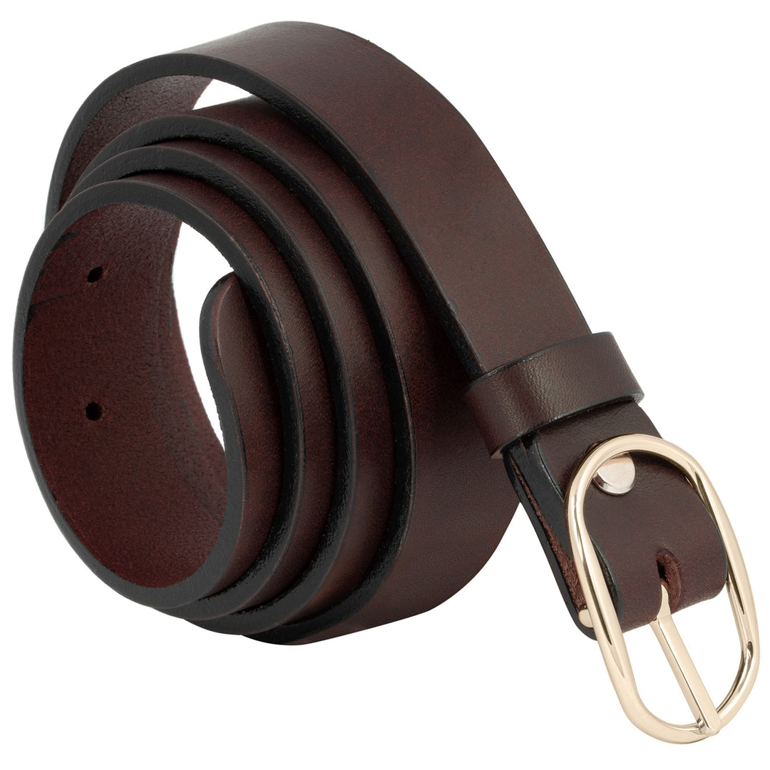 Aufgerollter, dunkelbrauner Ledergürtel mit eleganter, glänzender Schnalle #color_braun-naht #color_braun