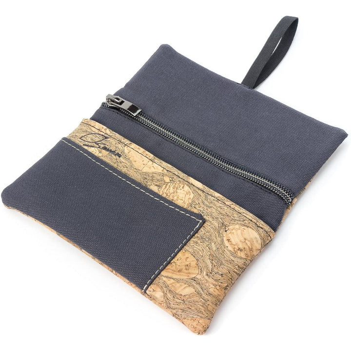 Offene Tabaktasche aus dunkelgrauem Stoff und hellem Kork ohne Inhalt #color_anthrazit-granada