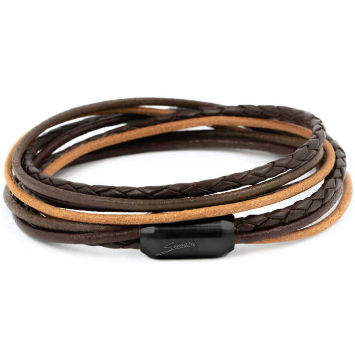 Mehrfarbiges Lederarmband in dunklen Brauntönen glatt und geflochten mit schwarzem Magnetverschluss