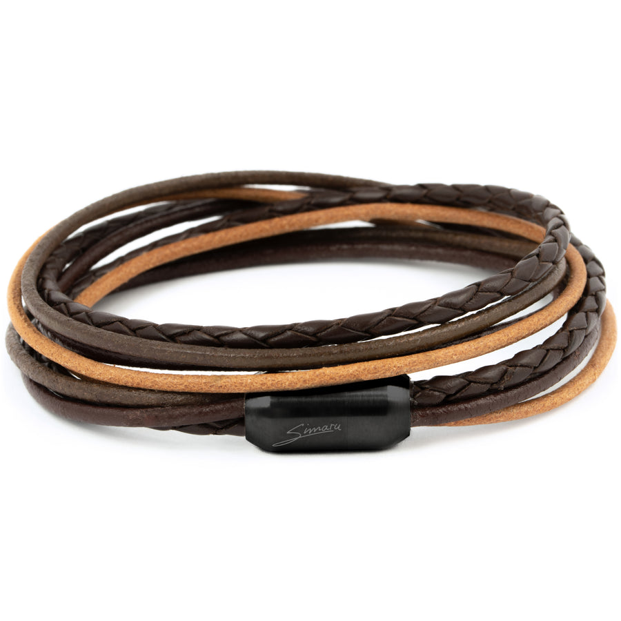 Mehrfarbiges Lederarmband in dunklen Brauntönen glatt und geflochten mit schwarzem Magnetverschluss