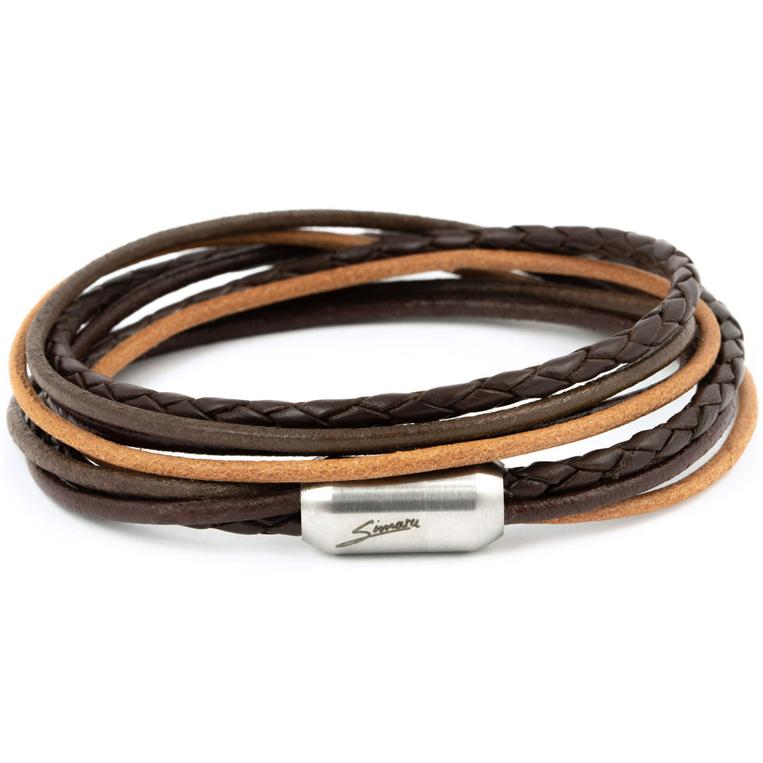 Mehrfarbiges Lederarmband in warmen Brauntönen glatt und geflochten mit silbernem Magnetverschluss