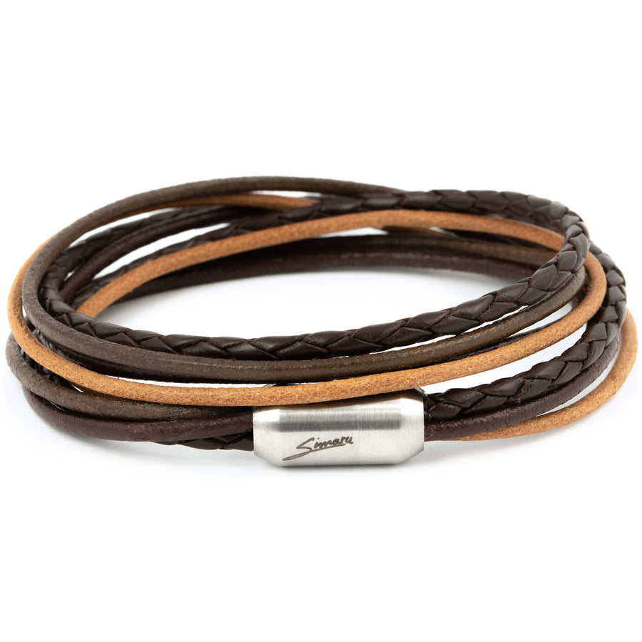 Mehrfarbiges Lederarmband in warmen Brauntönen glatt und geflochten mit silbernem Magnetverschluss